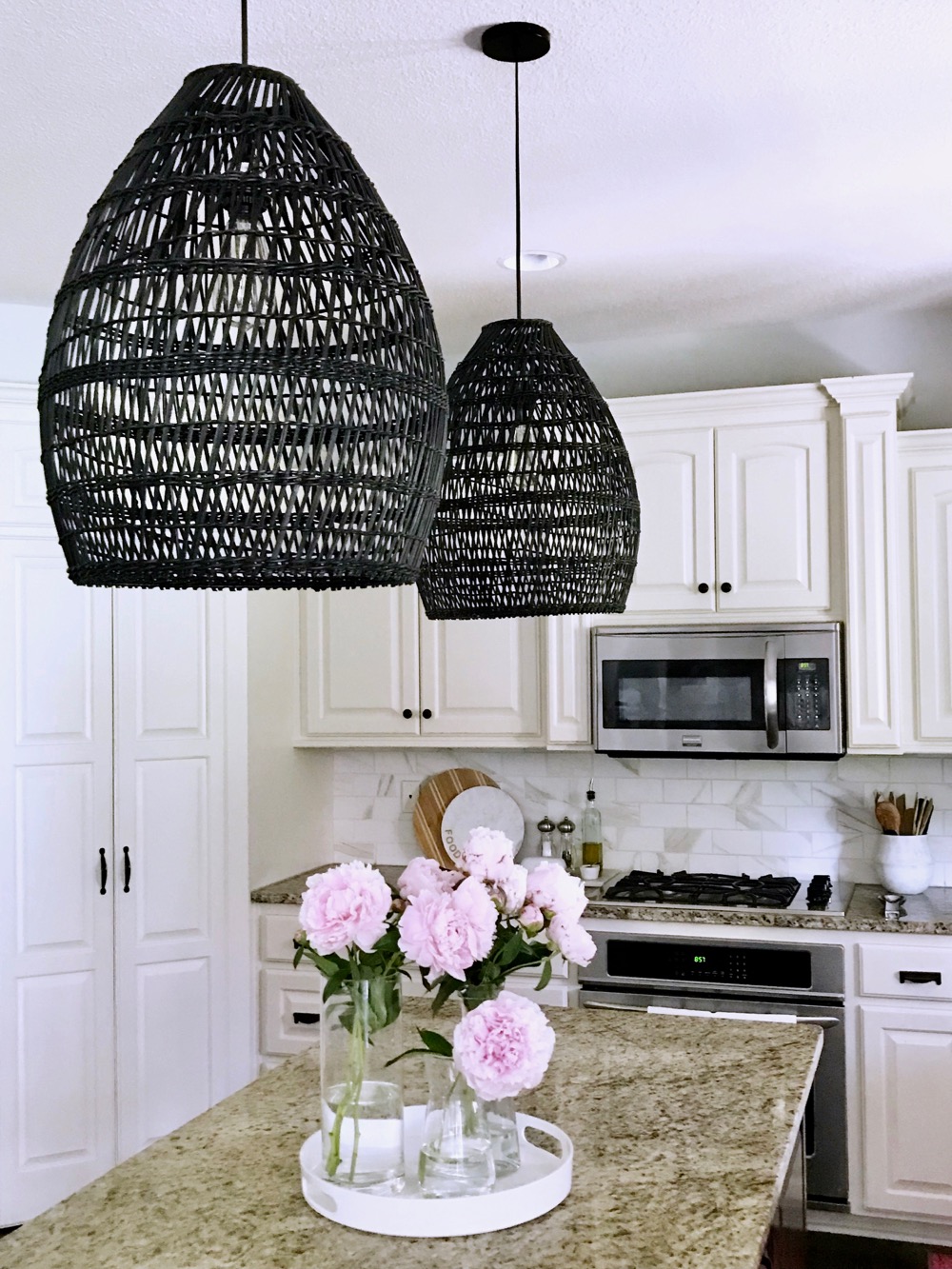Black Woven Pendant Lights in the Kitchen - Life Love Larson
